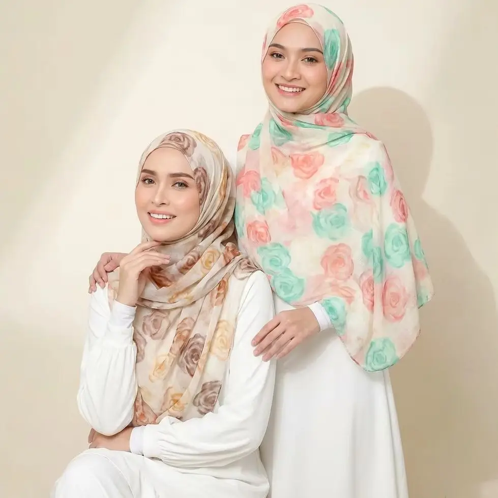 

Шарф с цветочным принтом, мусульманский хиджаб, новая женская вуаль, шаль, весна-осень, длинные женские головные платки, тонкий пляжный солнцезащитный шарф 190*90 см