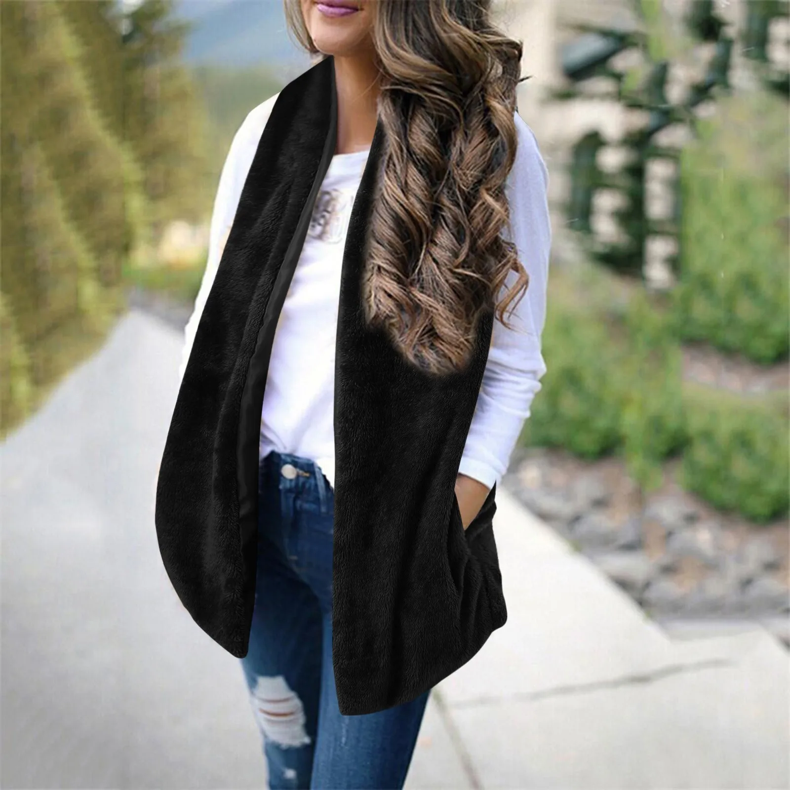 Fall Winter Warm Women Fleece Outwear Vests Faux Furry Sleeveless Coat With Two Pockets Artificial Wool Open Front Vest Coat