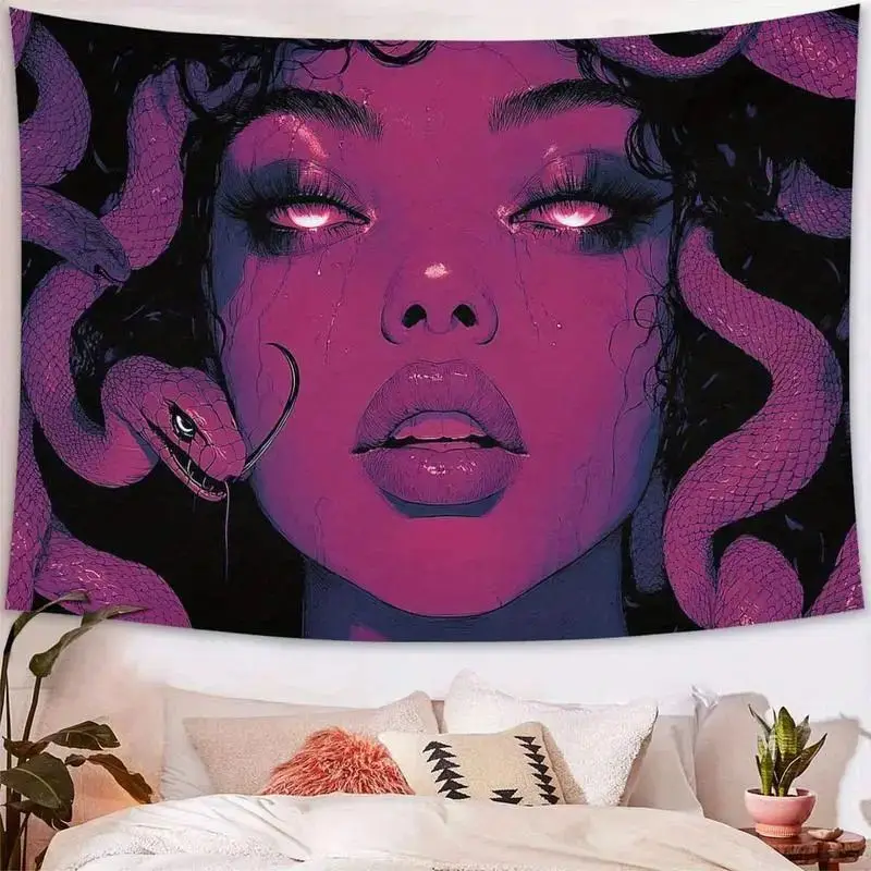 VIKAMA Purple Medusa Snake Girl Tapestry, Dark Gothic Psychedelic Wall Hanging, Aesthetic Dorm Esports Room Decor