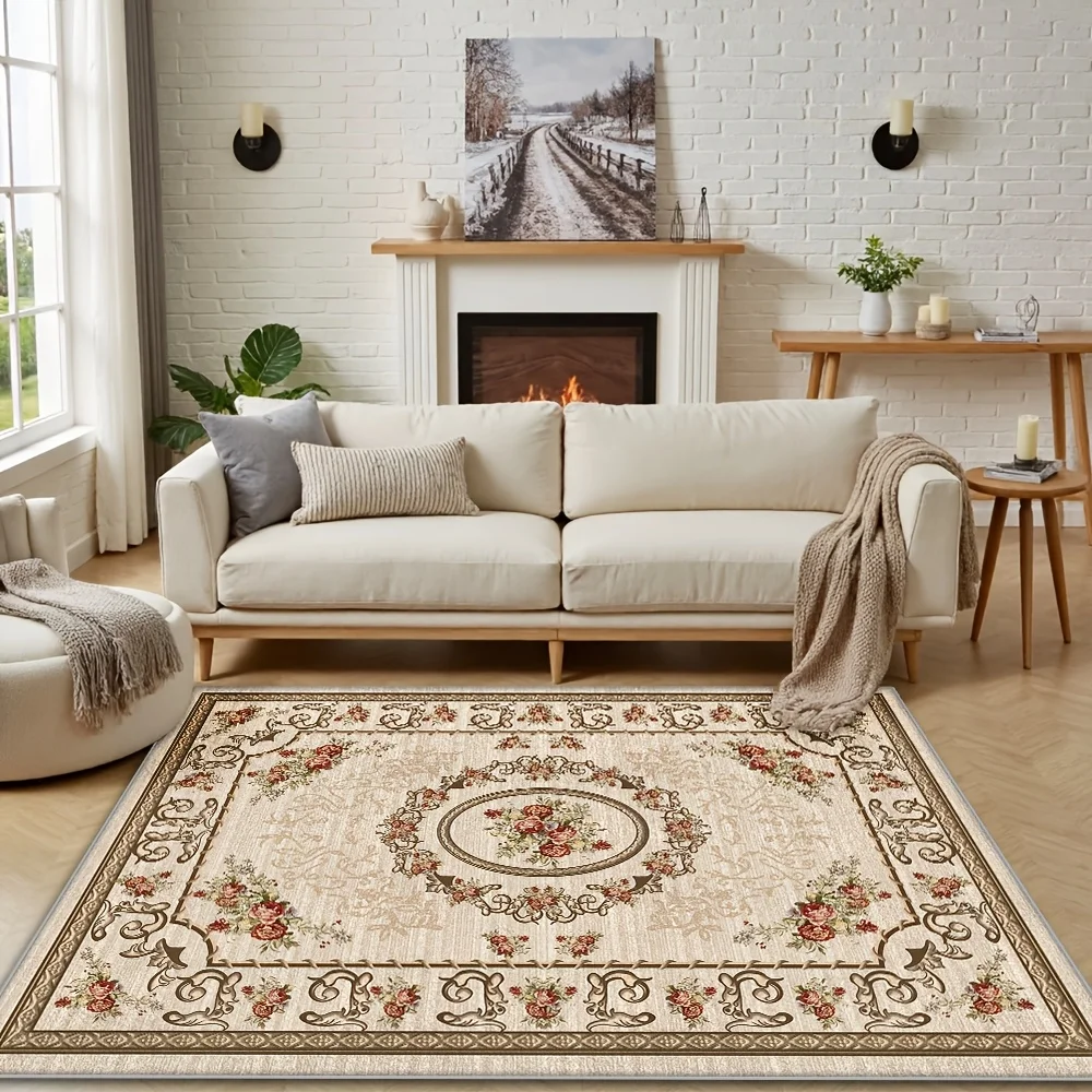 VIKAMA European Vintage Rose Area Rug Classic Ornate Floral Medallion Border Print Non‑Slip Washable Living Room Home Floor Mat