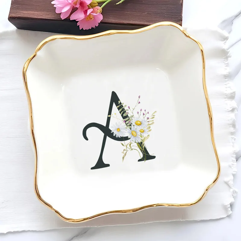 Bouquet A-Z Text Plate Exquisite and Cute Tableware Beautiful Cartoon Plate Ceramic Oval Dessert Plate