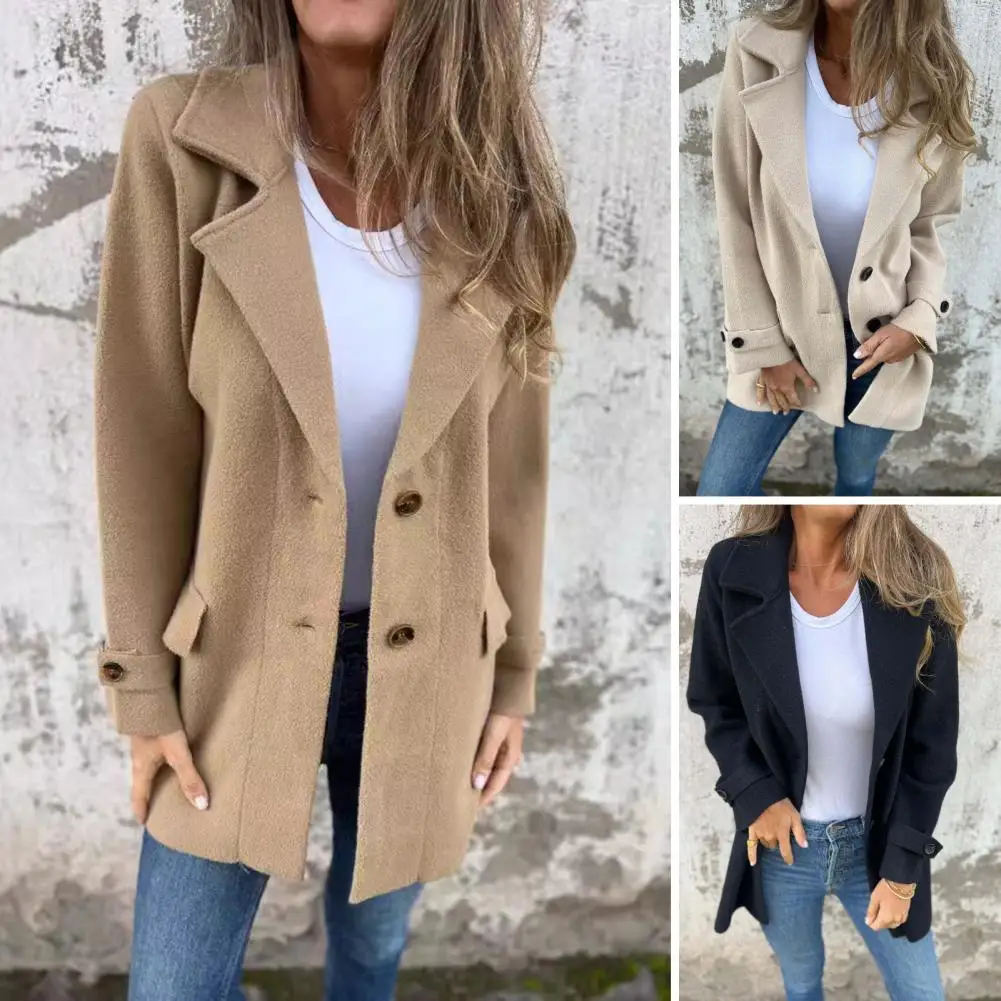 Women Jacket Solid Color Jacket Stylish Mid-length Women's Jacket with Turn-down Collar Single-breasted for Fall for Commuting