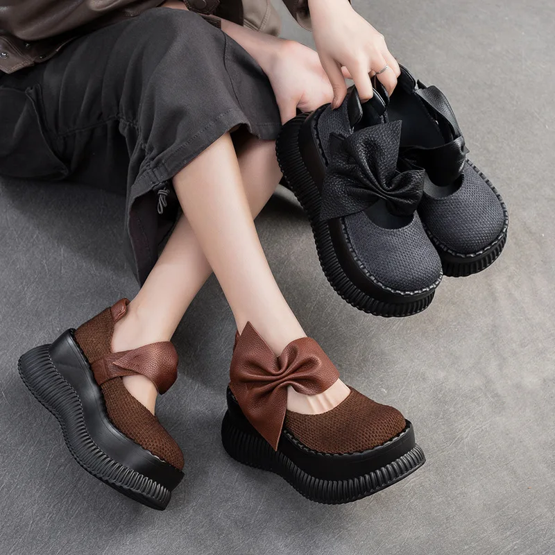 Women Leather Pumps Black High Heels Wedge Shoes for Women Handmade Genuine Leather Women Pumps Bowknot Sweet Syle Spring2024