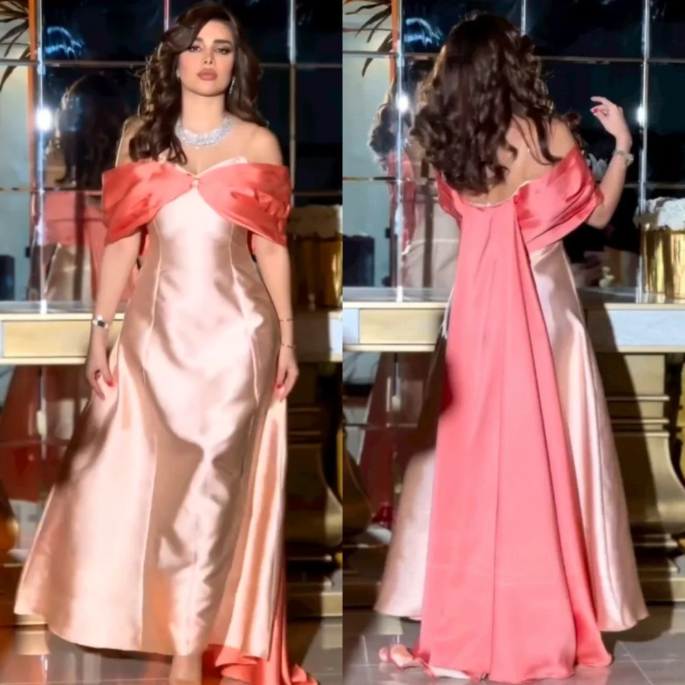 

Saudi Arabia Evening Satin Pleat Draped Valentine's Day A-line Off-the-shoulder Bespoke Occasion Gown Midi Dresses