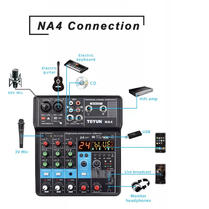 TEYUN 4 canali Mixer Audio portatile professionale Console ingresso Computer 48v potenza modello numero certificazione interfaccia Audio NA4