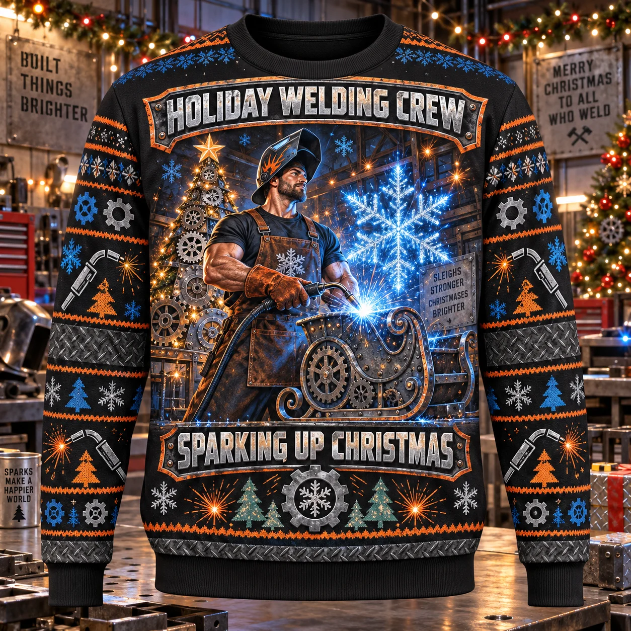 Ugly Christmas Sweater Welder Welding Crew Crewneck Sweatshirt Polyester 3D Print Holiday Pullover Gift Men