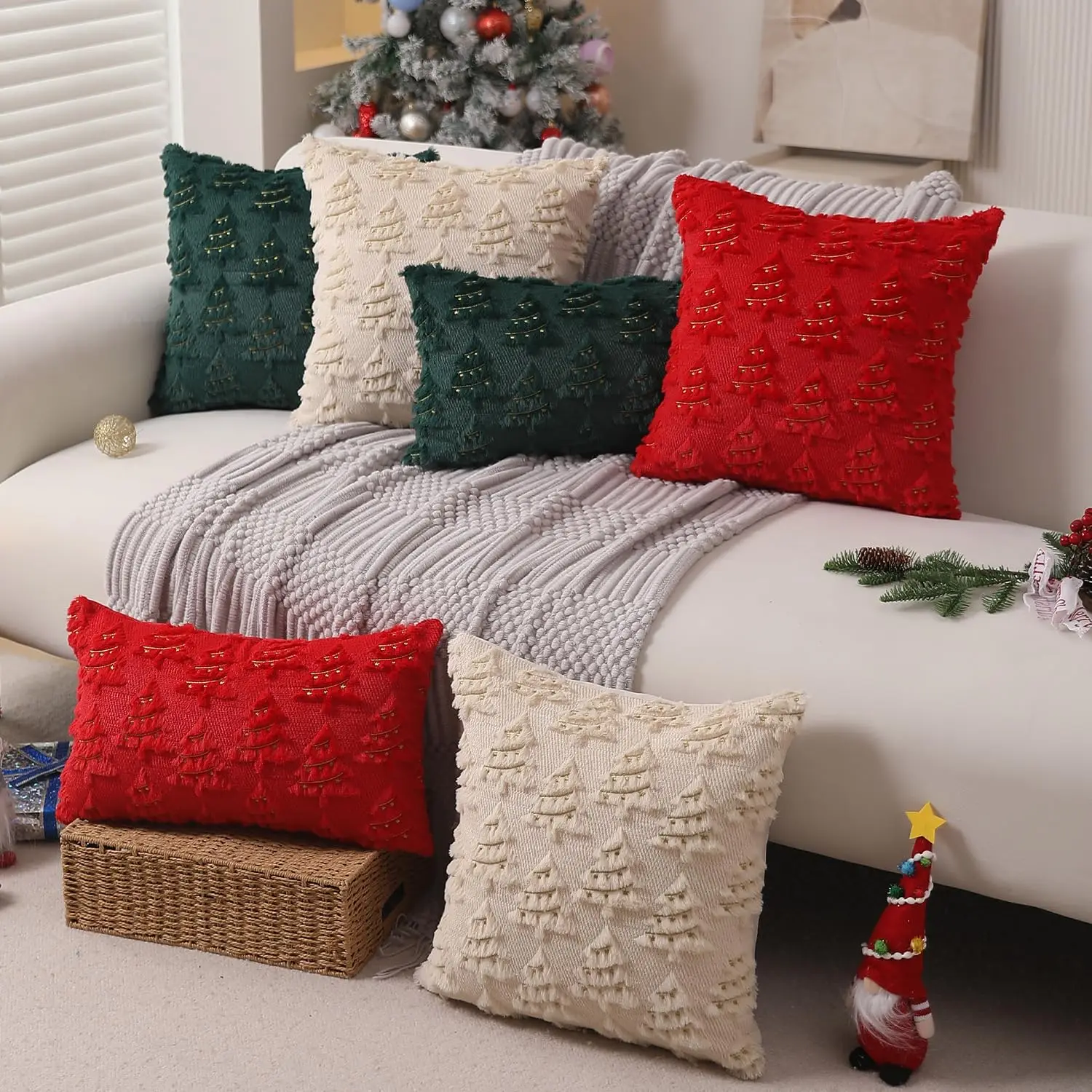 White Christmas Decorative Throw Pillow Cover Soft Faux Fur Pillow Case Covers with Christmas Tree Stars for Couch Sofa Bed Room
