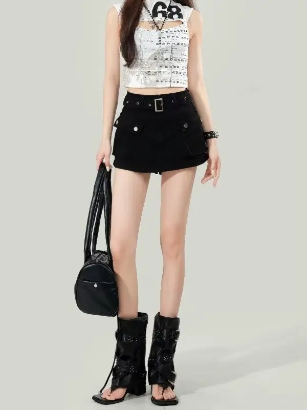 Cool Spicy Black High Waist Denim  Skirt Women Summer plus Size American Retro Loose Slimming Short Pants Skirt