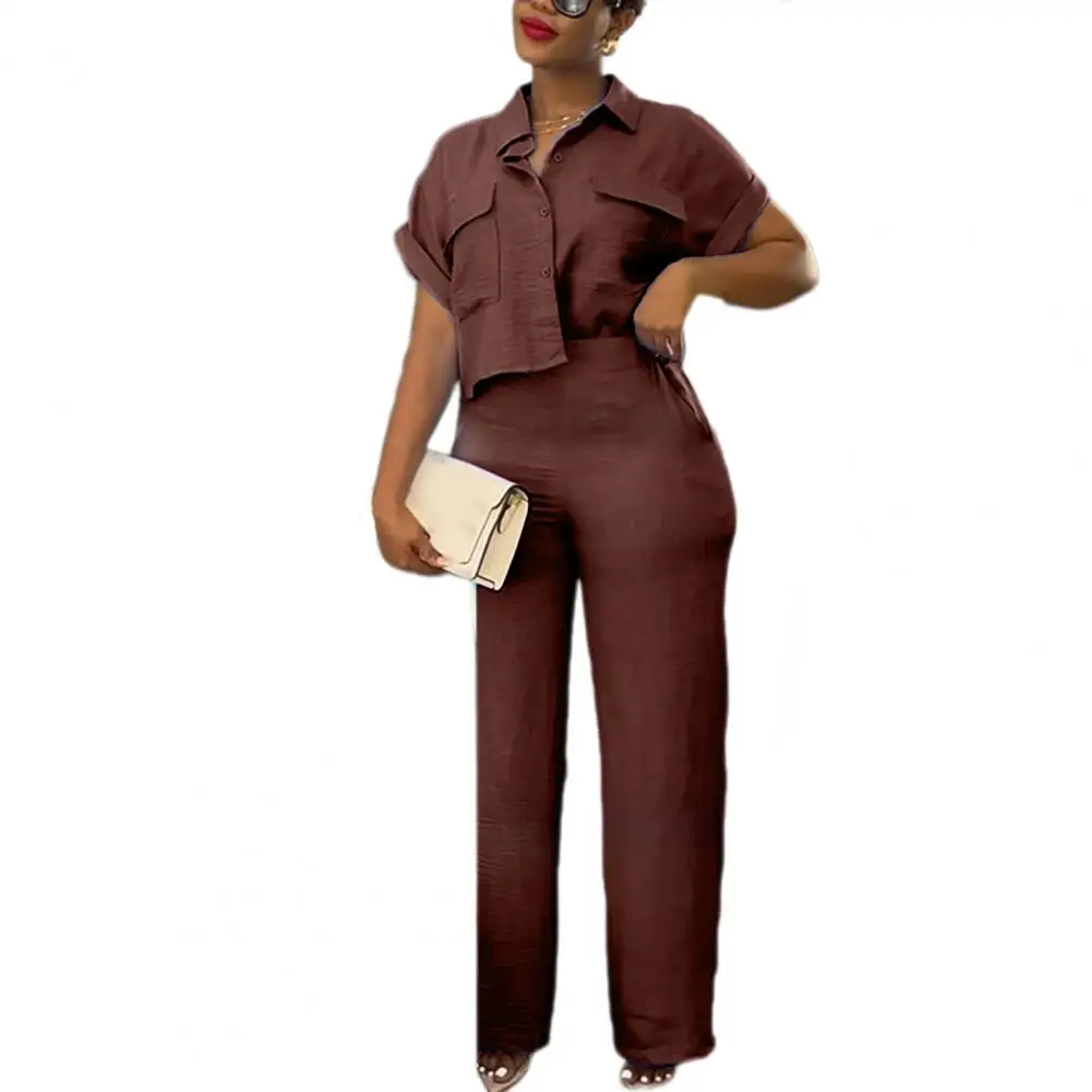 Women Commute Suit Stylish Women's Shirt Pants Set Turn-down Collar Single-breasted High Elastic Waist Wide Leg Straight Ol