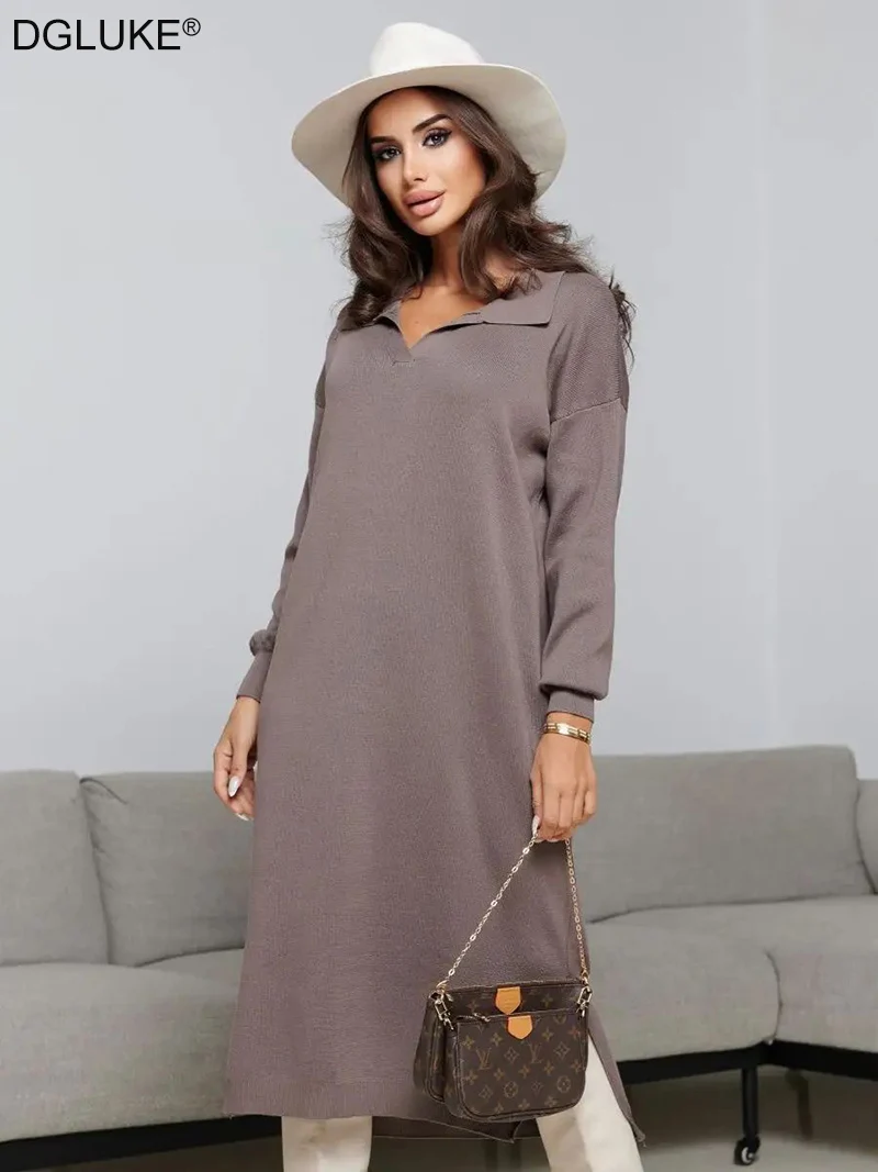 

DGLUKE Polo Neck Sweater Dress Women Long Sleeve knitted Dress Winter Fall Loose Casual Midi Dresses