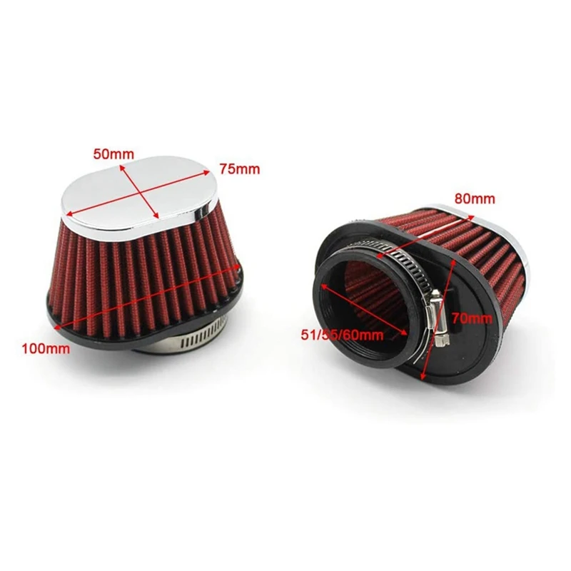 2Pcs Universal Round Tapered Car Motorcycle Air Filter 51Mm 2 Inch Intake Filter-Red