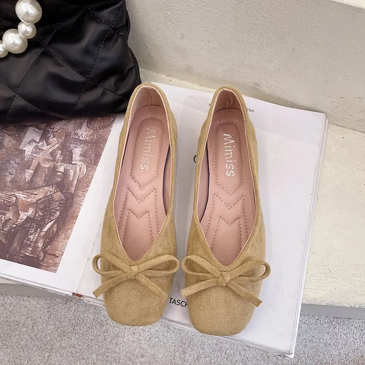 Women Flats Slip on Flat Shoes Round Toe Shallow Butterfly-knot Ballerina Slip on Loafers Faux Suede Lady Ballet Plus Size 35-40