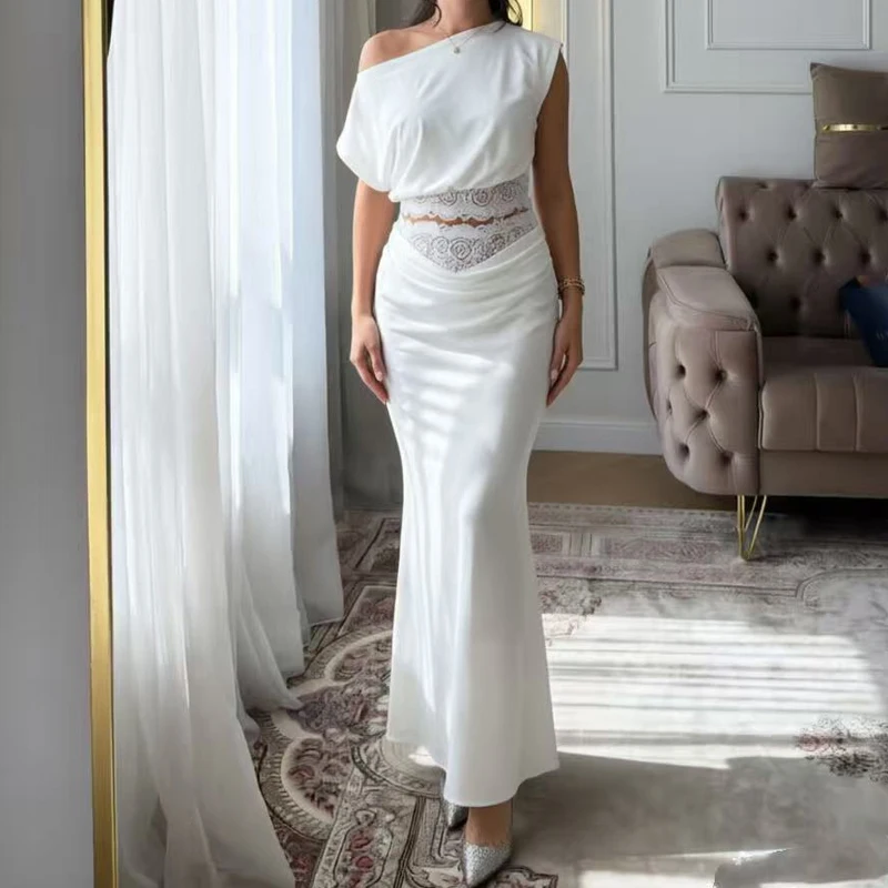 Lace Patchwork Elegant Fishtail Outfits Women Fashion Solid Satin 2Pc Suits Sexy Diagonal Collar Waisted Crop Top & Skirts Sets