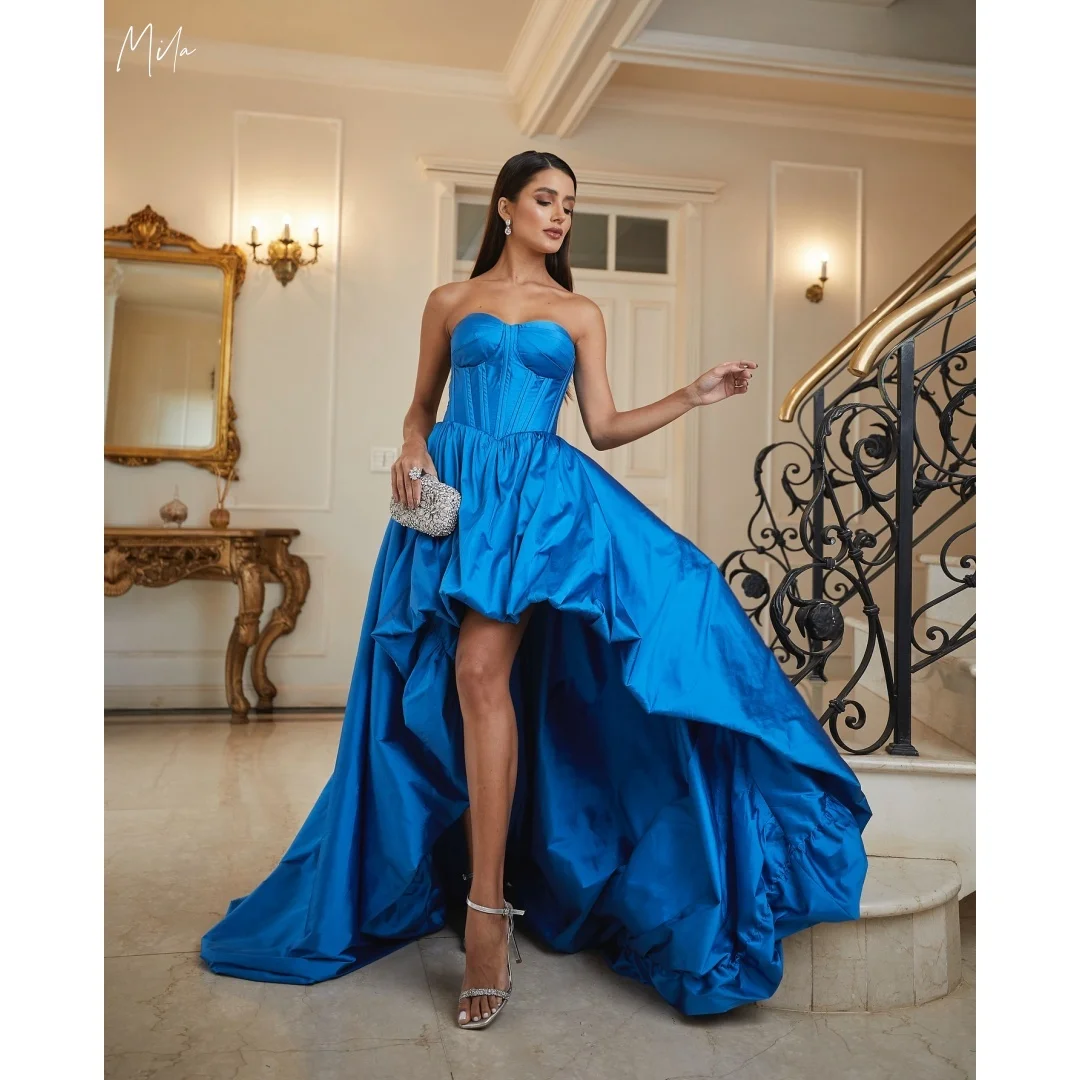 Mila Royal Blue Strapless High Low Prom Dresses Customized Formal Evening Satin Corset Ruffle Ball Gown vestidos de gala 2025