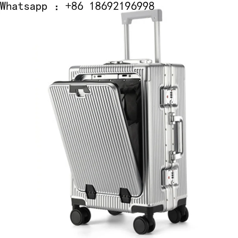 

Suitcase Front Opening Pocket Aluminum Alloy Frame Rolling Luggage with USB Charging Plug Trolley Carry-on Case Bag with Wheel