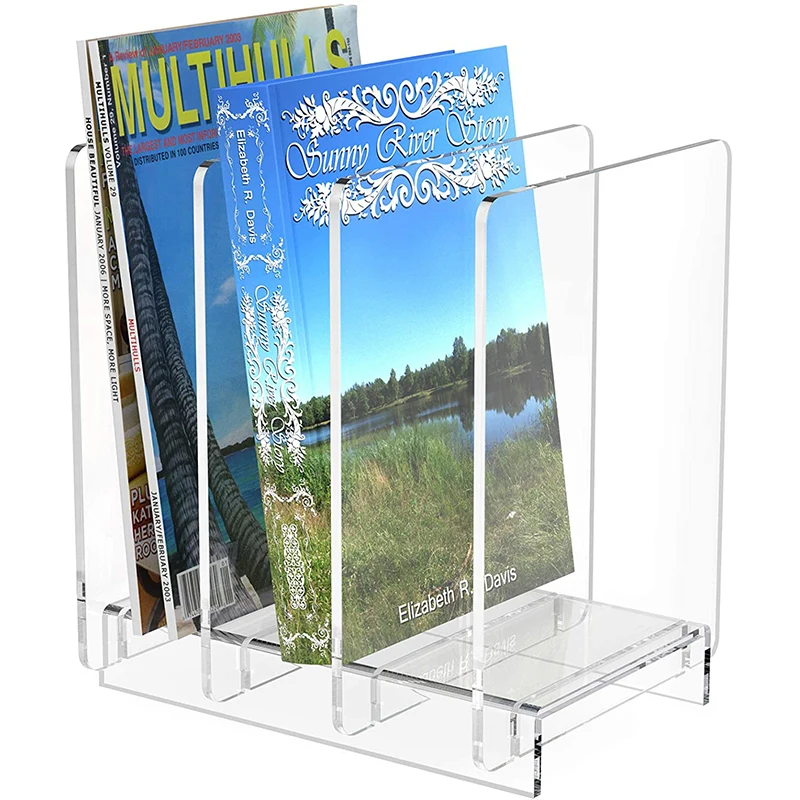 

Clear Acrylic Magazine Holder and File Organizer Desk Standing Rack on Table Binders Mails Books and Vinyl