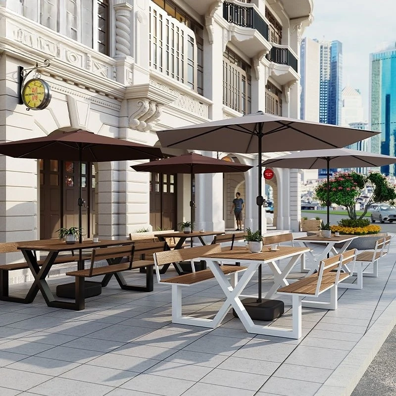 courtyard plaza snack street, plastic wood tables and chairs, park, commercial outdoor sun-protective dining tables