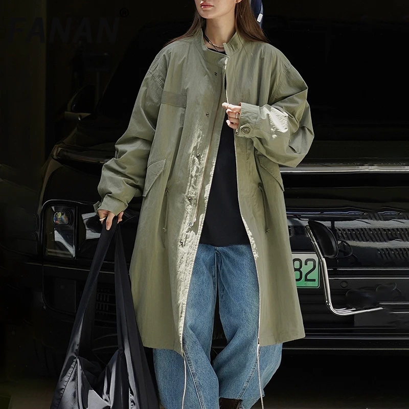 

FANAN Outdoors Washed Drawstring Trench Women's Stand Neck Single Breasted Office Lady Long Windbreaker Vintage 2025 Autumn New