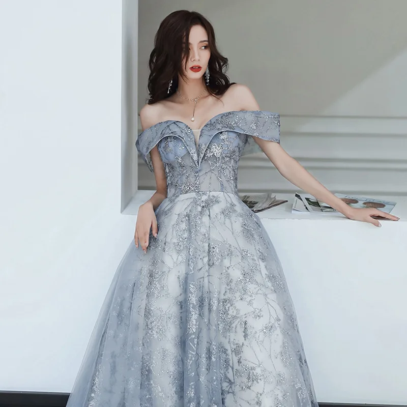 الدخان الرمادي واحد الكتف ثوب مسائي المضيف القادمة من العمر حفل عيد ميلاد مزاجه فستان 2025 الخريف موضة جديدة #2