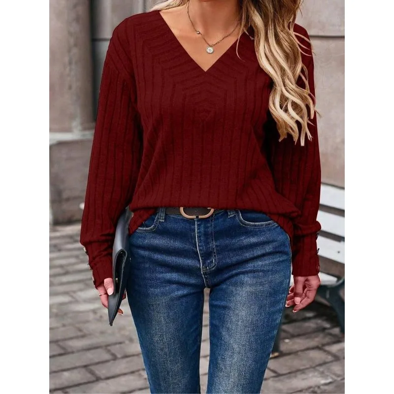 Plus Size Women's V Neck Long Sleeve Striped Loose T-shirt Tops Summer Female Pullover Blouse