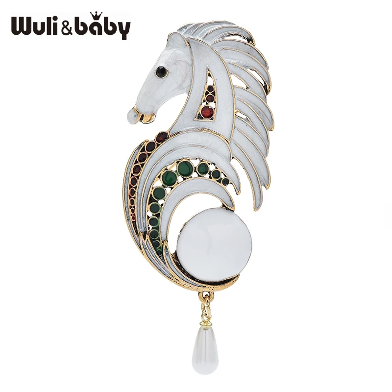 

Wuli&baby White Enamel Big Horse Head Brooch Pin Pearl Tassel Animal Badge Fashion Jewelry Accessory Gift