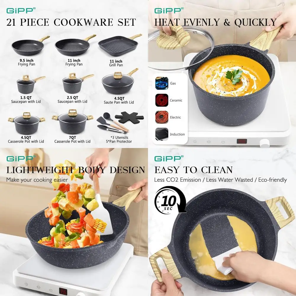 

Grey Granite Non-Stick Induction Cookware Set with Silicone Utensils, PFOS/PFOA Free, Non-Toxic Kitchenware