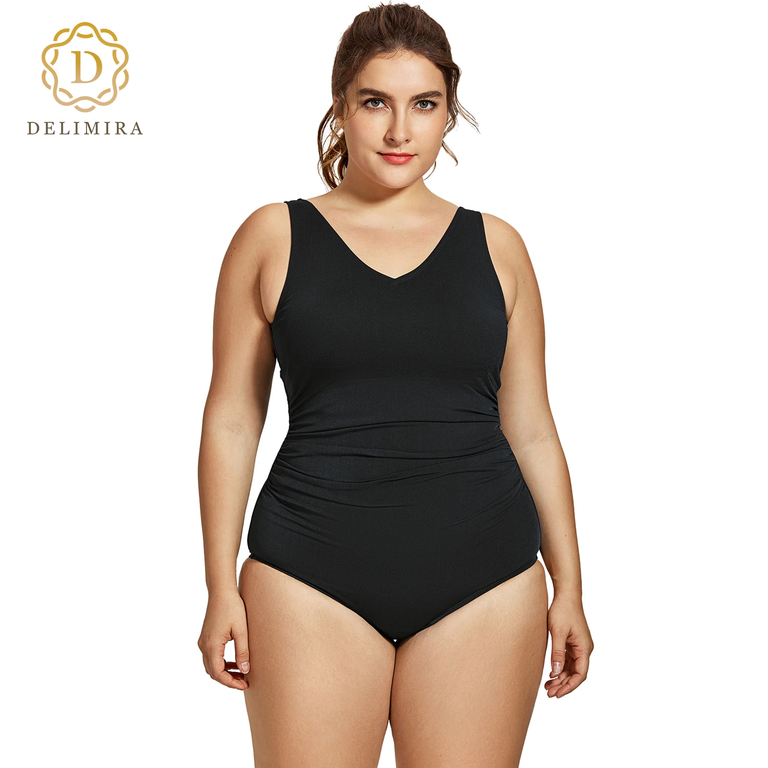 Women's Sport Shirred Plus Size Bathing Suits Athletic One Piece Swimsuit  V Neck Swimwear