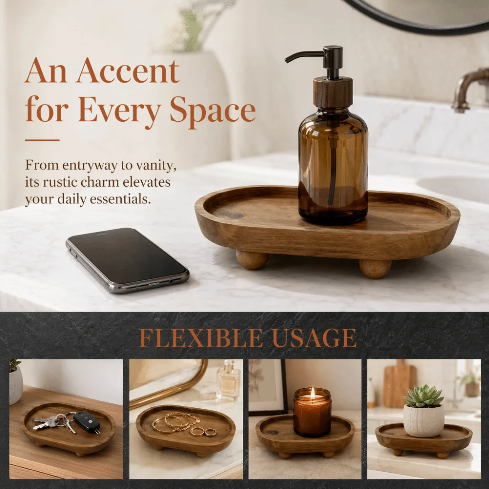 Wooden Oval Elevated Display Tray 1.77in Brown Tabletop Jewelry Candle Storage Riser Tray Farmhouse Style Wooden Decorative Tray