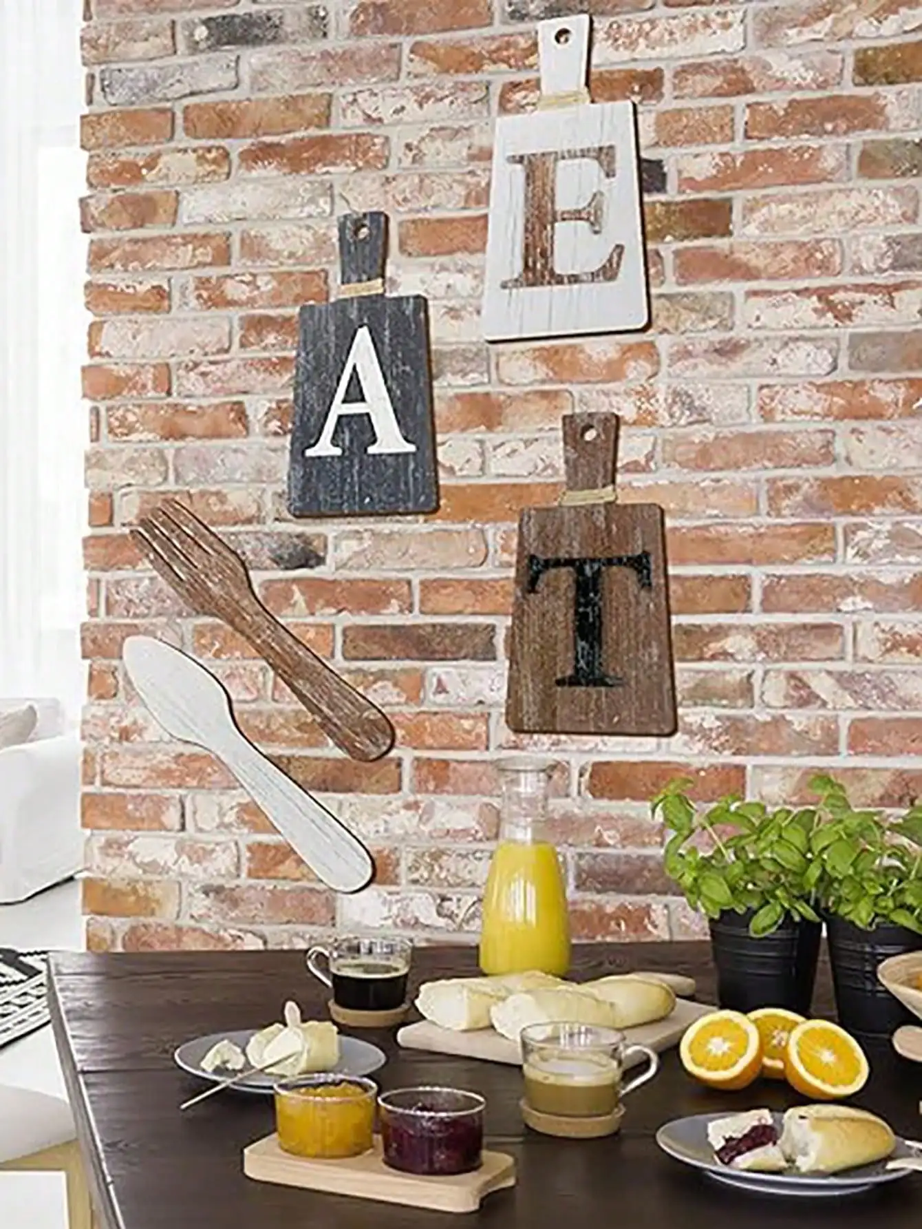 5-piece/ set cutting board with logo set, hanging art fork and spoon, rustic farmhouse wall decor for kitchen and home