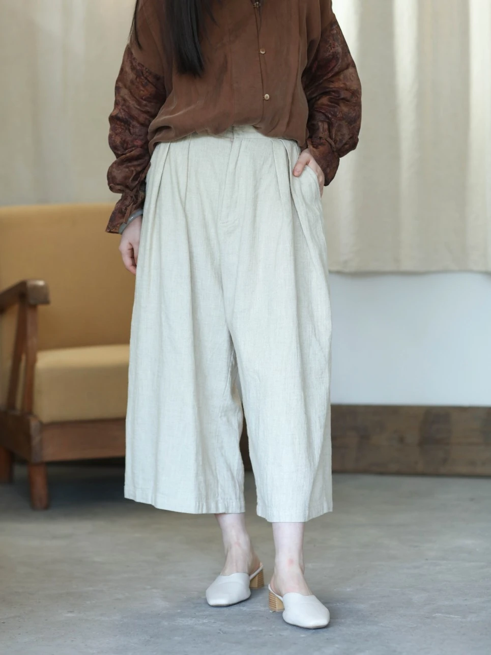 

Простые хлопково-льняные брюки-кюлоты с диагональной текстурой, удлиненные, широкие, для повседневной носки, с завышенной талией, в винтажном стиле