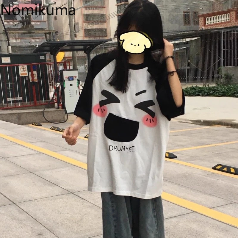 女性のための対照的な色の漫画のTシャツ,特大の韓国のTシャツ,カジュアルなファッション,y2k,パッチワーク,夏,2024