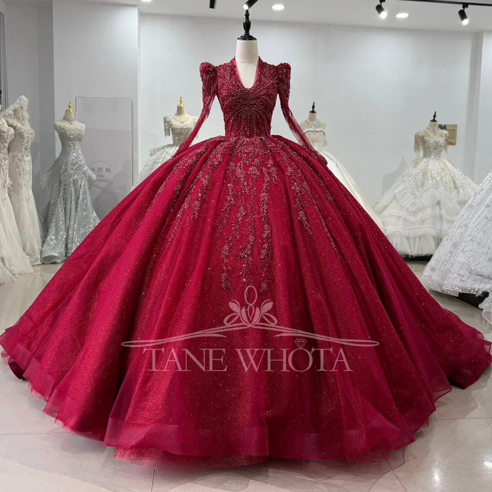 

Настраиваемые элегантные красные вечерние платья с v-образным вырезом и длинными рукавами, расшитые бисером и блестками, вышивка для женщин, вечерние платья Vestido De Fiesta