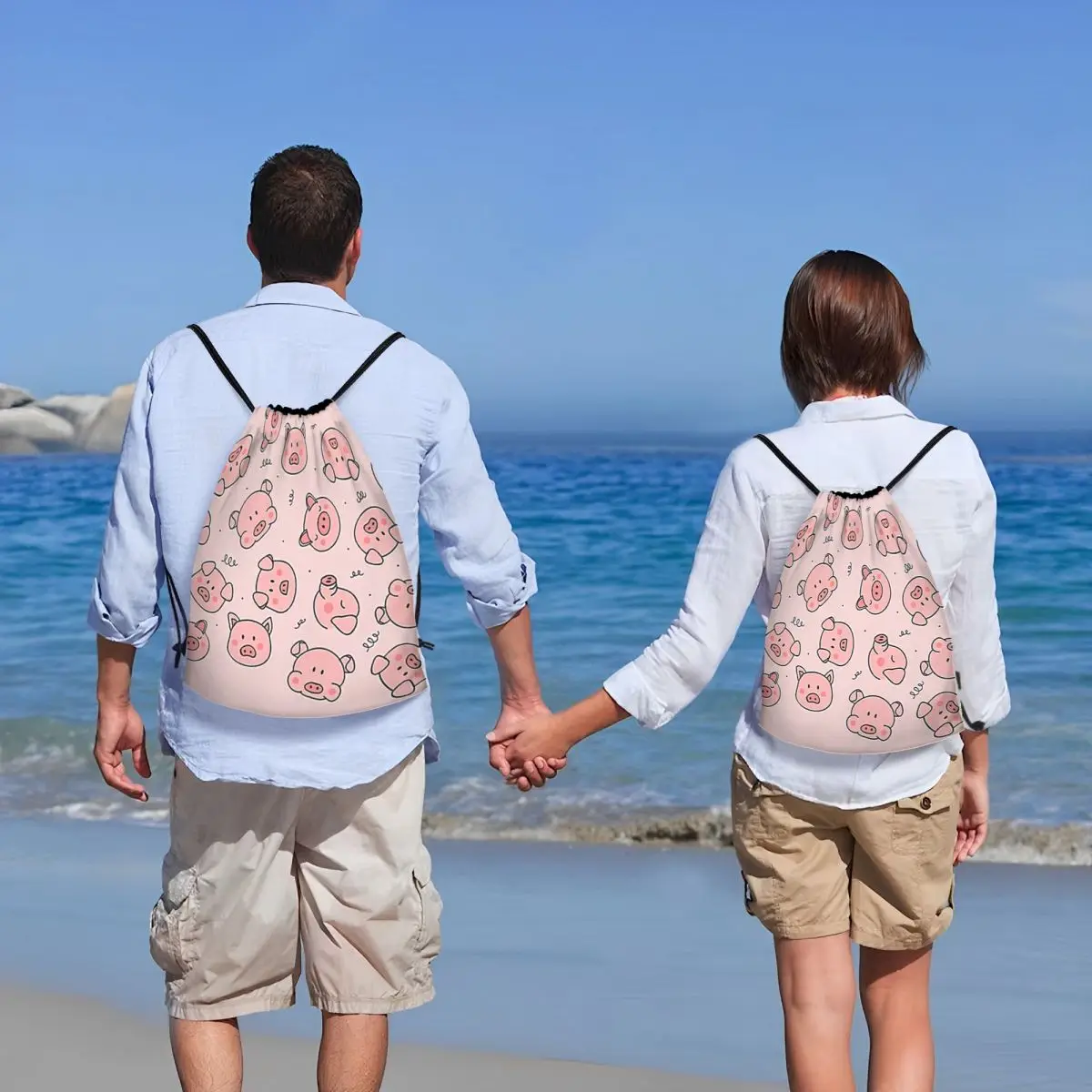 Pink Pig Face Cartoon Pattern Drawstring Bags Men Women Portable Sports Gym Sackpack Training Backpacks