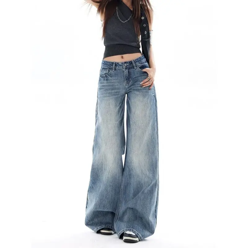 Women's American Vintage Low-Rise Wide Leg Jeans, New Summer Slimming Washed Denim Straight Pants With Embroidery Label