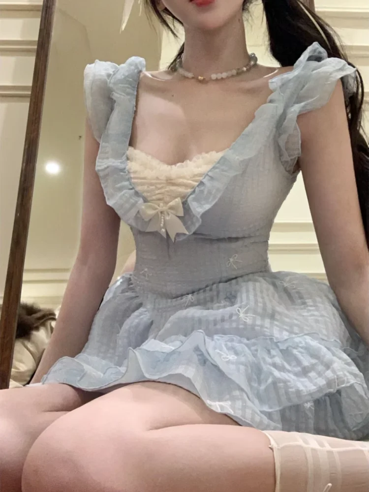 Summer Sweet Sle Women's Dr Strapl Puffy ort Skirt High Waist Princ Gown No Sve V-Ne  High Quali