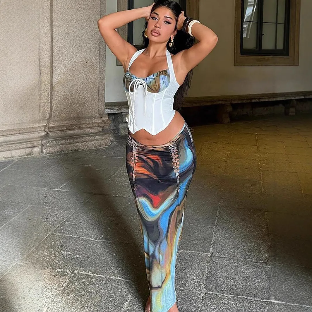 

2025 summer smudge print personality pleated top slim ties rope skirt suit club clothing Vestidos