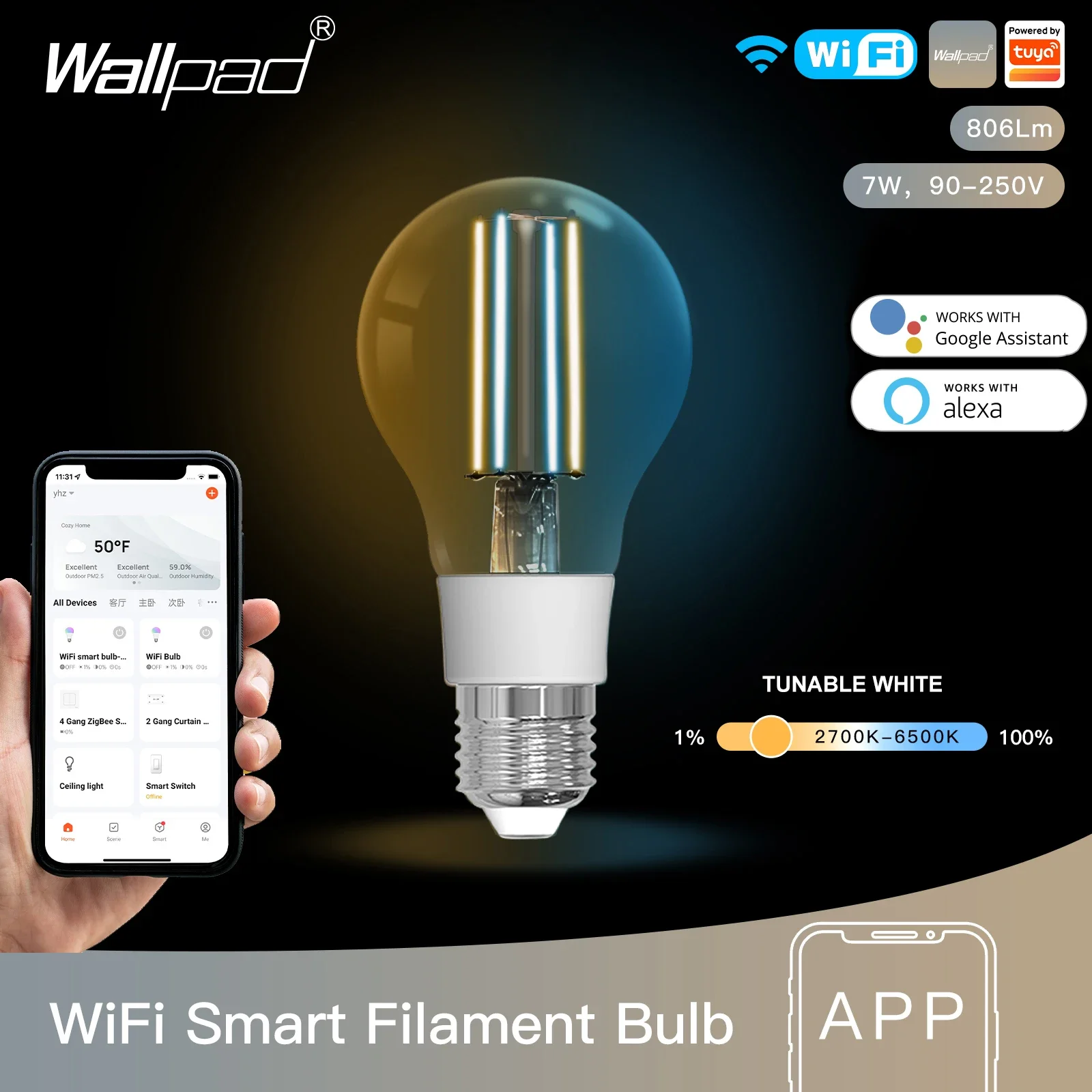 

WiFi Smart Life Filament Bulb 7W LED Dimmable Light Lamp E27 Lighting 2700K-6500K 806Lm Tuya Alexa Google Voice Control 90-250V