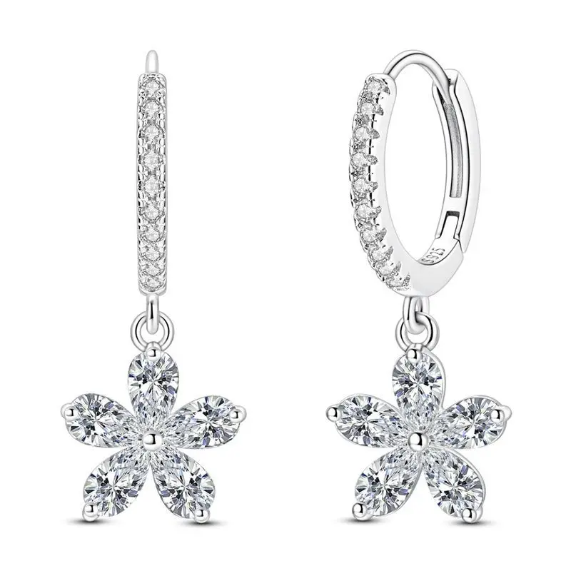 

New 925 Sterling Silver Sparkling Five Petal Floral Earrings Sparkling CZ Zircon For Women Girls Adorable Cute Jewelry Gifts