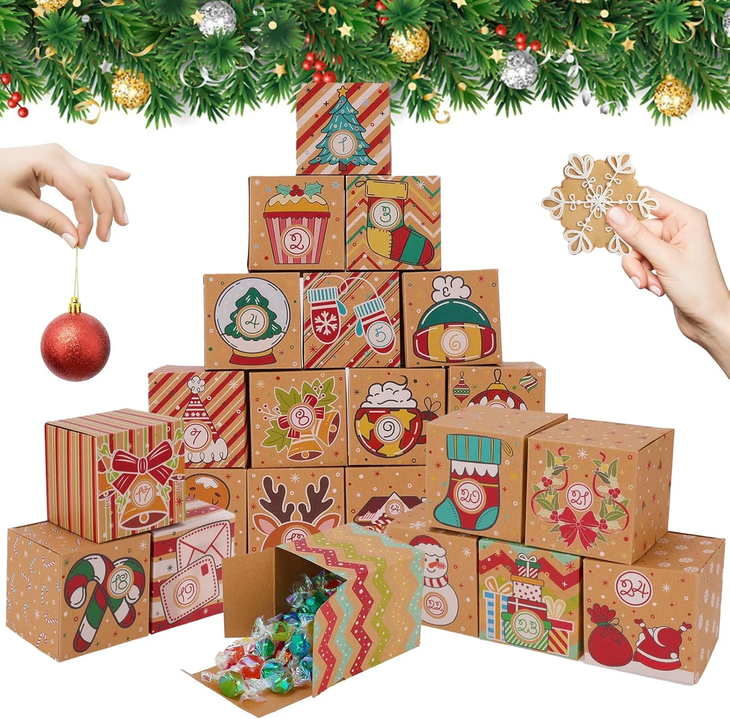 Boîte-cadeau de l'avent en papier de 24 jours, boîtes de calendrier de compte à rebours de noël, boîte de friandises de calendrier de l'avent remplissable pour fournitures de fête de noël