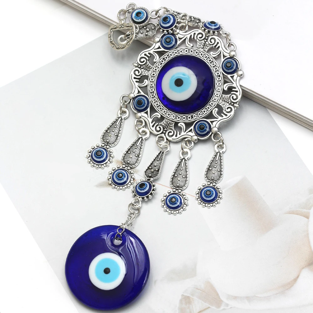 Lucky Eye Alloy Hollow Pendant Tassel Wall Hanging Blue Turkish Evil Eye Keychain Car Keyring for Women Men Fashion Jewelry