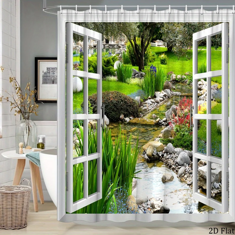 2D Flat, [2D Flat Printing] 1pc Scenic Forest Stream And Park View Printed Shower Curtain with Hooks. Spring Botanical Landscape