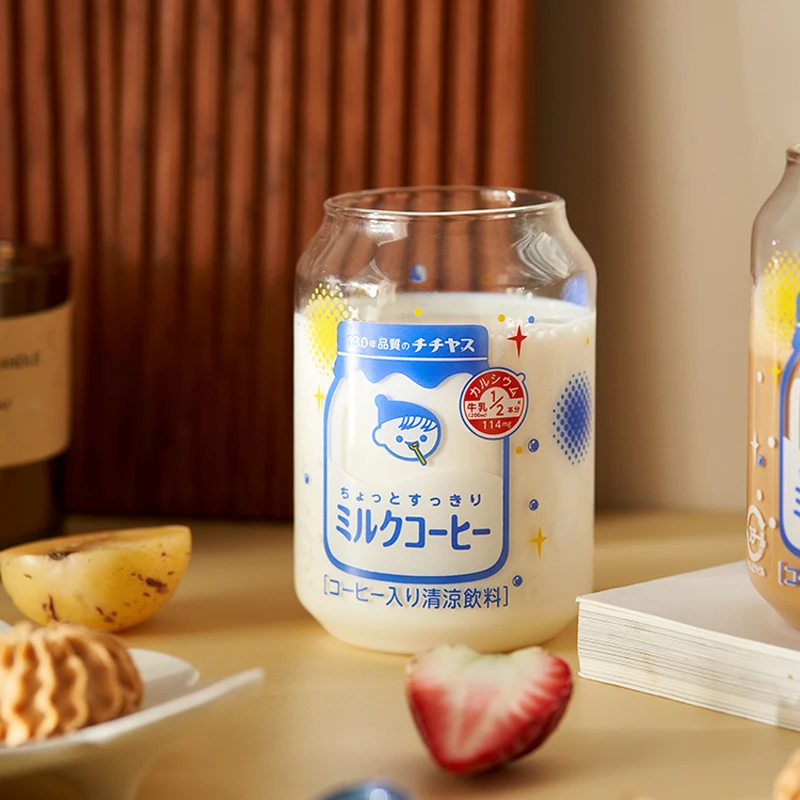 2/4/6Pcs Kawai Japanese Cute Yogurt Jun Can Glass Cups Heat-resistant Milk Cups Iced Coffee Water Glasses Mug With StraightStraw