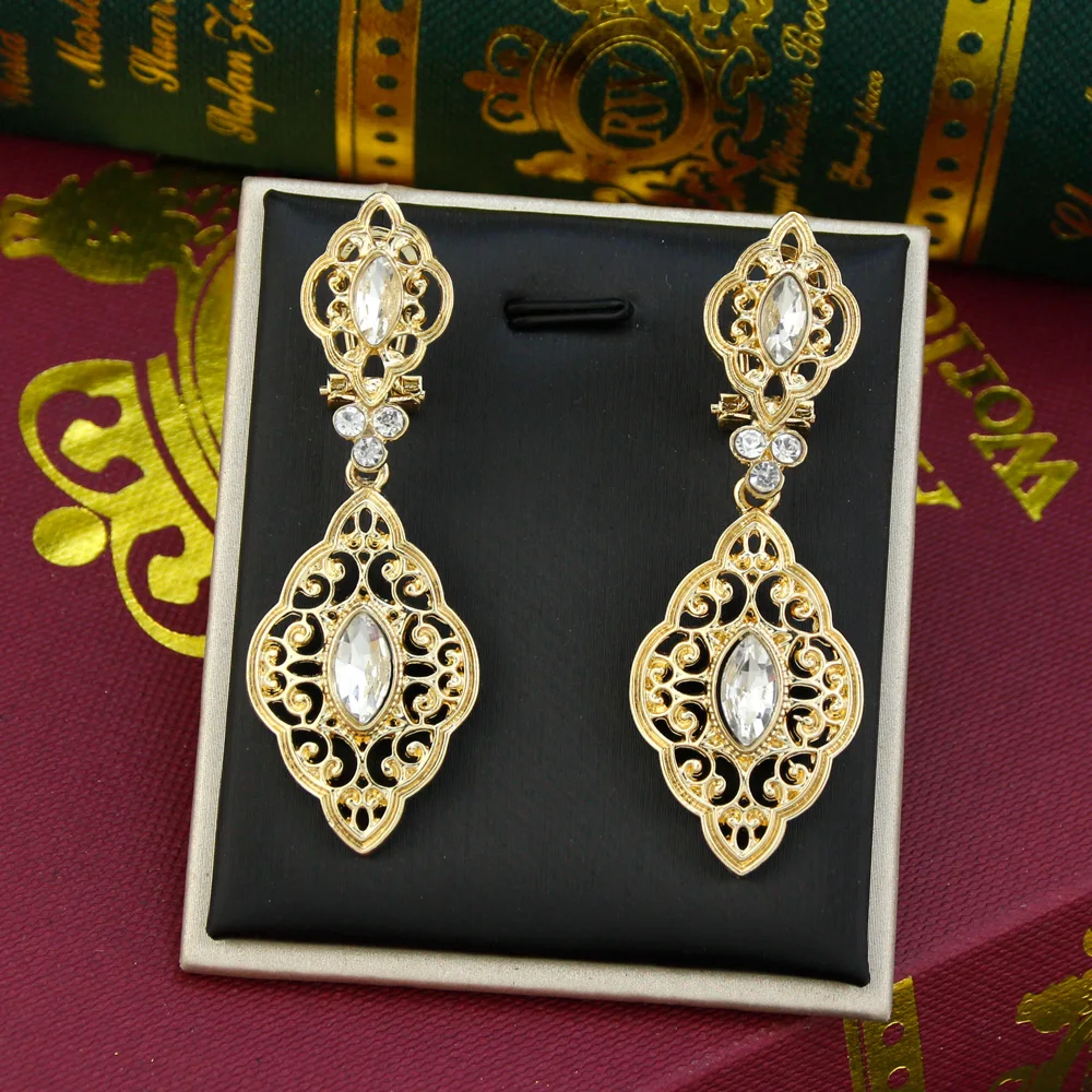 Sunspicems Gold Color Long Drop Dangle Earrings Turkish Brand Design India Ethnic Wedding Jewelry Arabic Traditional Bijoux Gift image 2