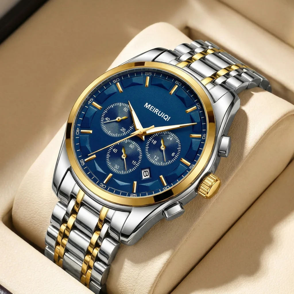 

1pcs Men's blue dial alloy strap vintage fashion chronograph business details Quartz Watch for business party holiday