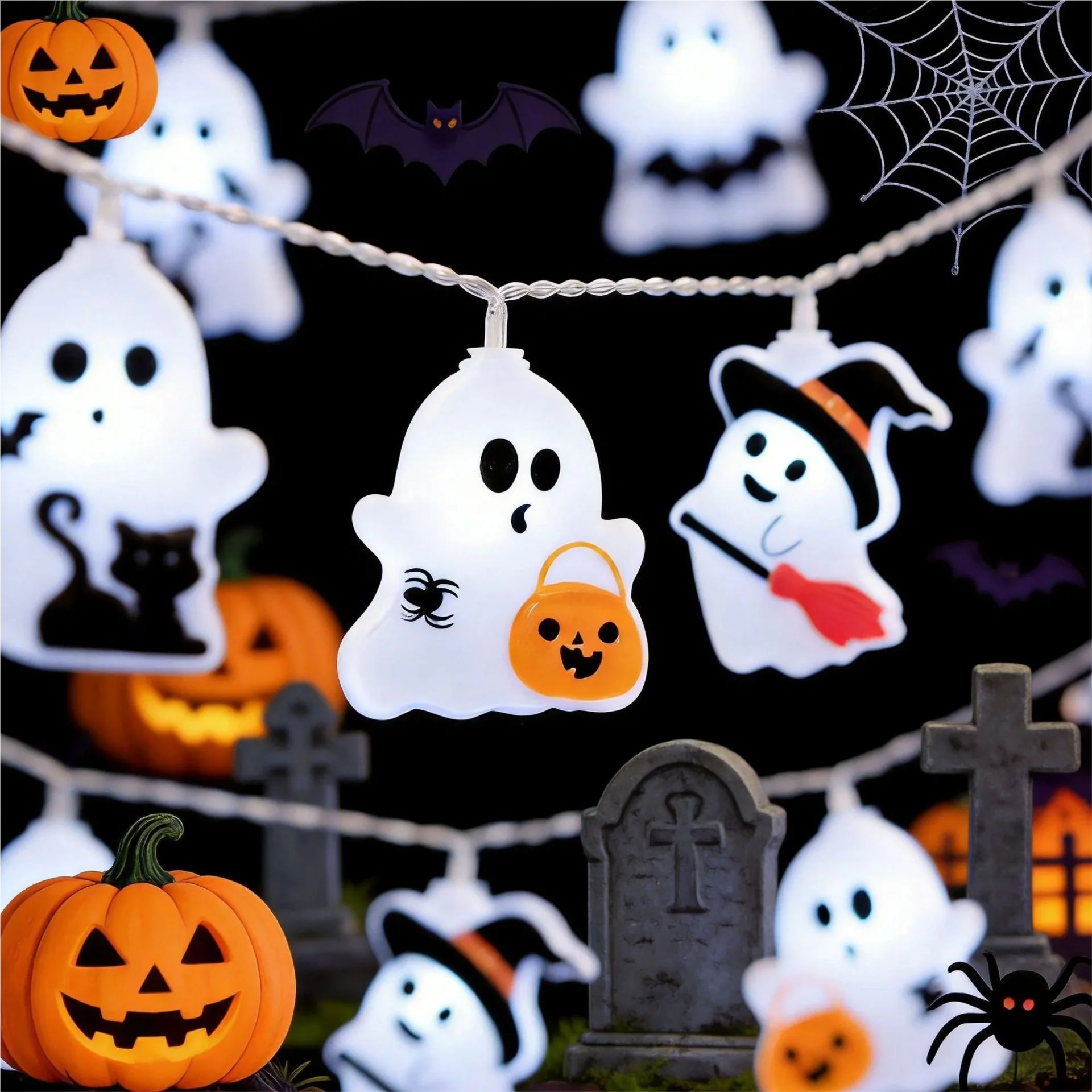 Halloween Ghost String Lights 59/118in with 5 Assorted Cute White Ghost Styles Battery-Powered for Indoor Outdoor Decoration