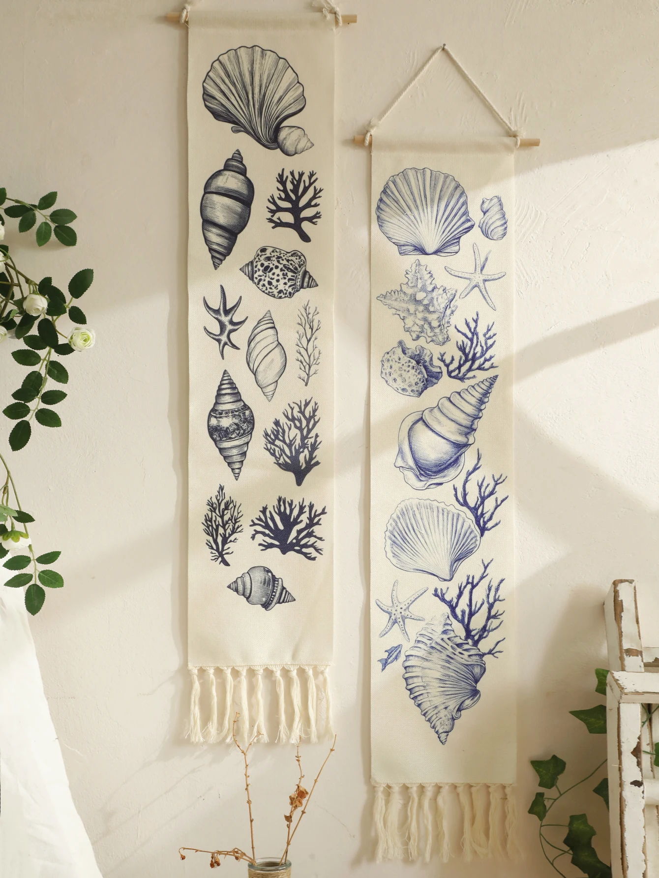 1pc Boho Coastal Seashell Wall Hanging Tapestry,Cotton Banner with Fringe,Nautical Beach Home Decor for Living Room Bedroom Gift