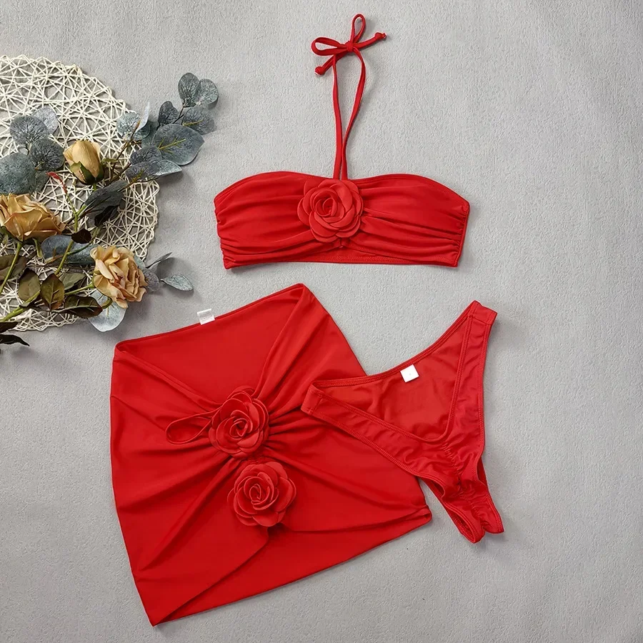 

Solid Red 3D Flower Bikinis Sets 3 Pieces Swimwear Skirts Cover Up Sexy Swimsuit Women 2025 Beachwear String Halter Bikini Donna