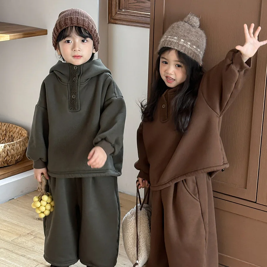 

Childrens Set 2025 Winter New Hooded Sweatshirt and Pants Two-piece Set Warm Casual Fashionable Daily Temperament