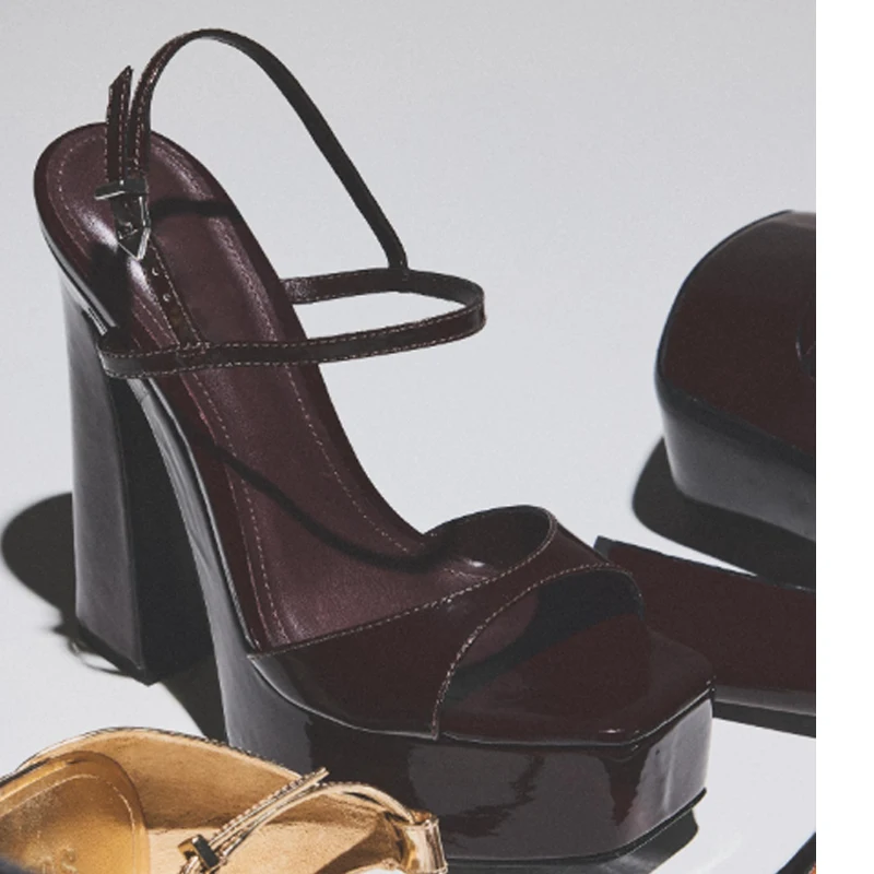 

Black Patent Leather Platform Thick Heel Sandals Woman Summer 2026 Sexy Square Toe Buckle Thick Sole High Heels Shoes for Women