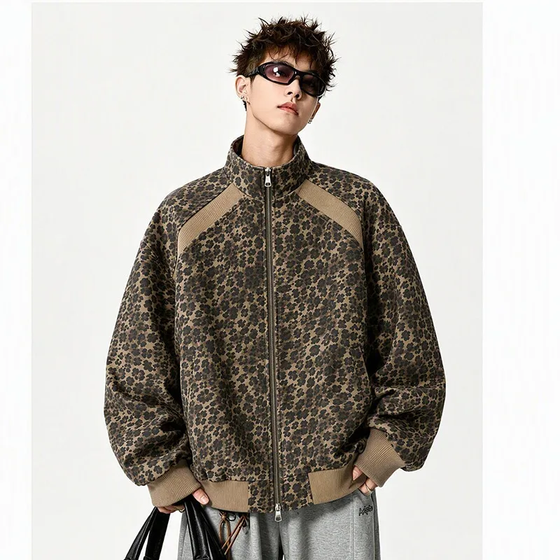 Men's Trendy Leopard Print Bomber Jacket - Autumn Streetwear Zip-Up Coat with Contrast Ribbed Trim for Casual Daily Wear